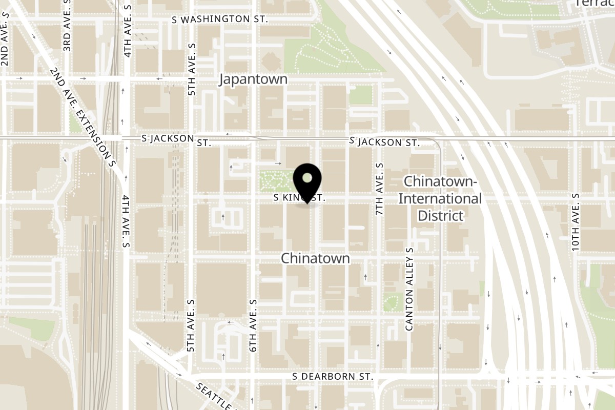 Map showing the location of Pokérrito Ya on US, 625 S King St in Seattle